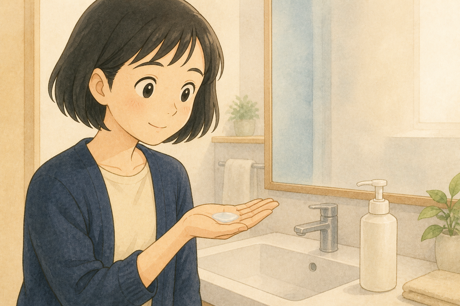洗面台でクレンジングオイルの乳化を確かめるきいちゃんのイラスト