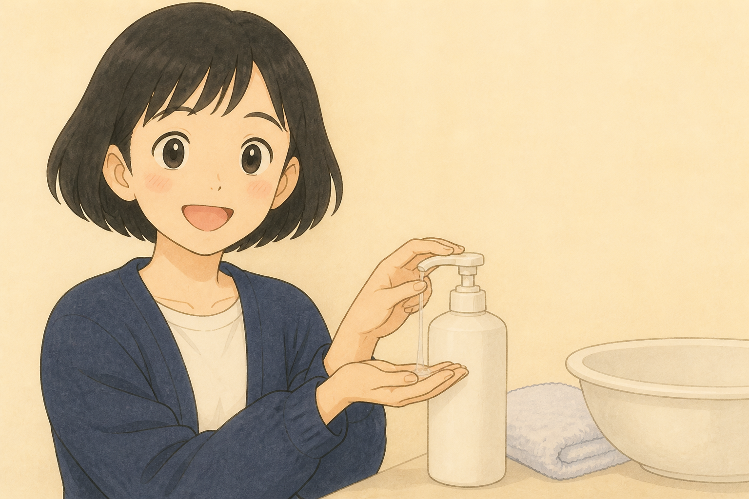 クレンジングのポンプ回数と使用量を確認する女性の手元