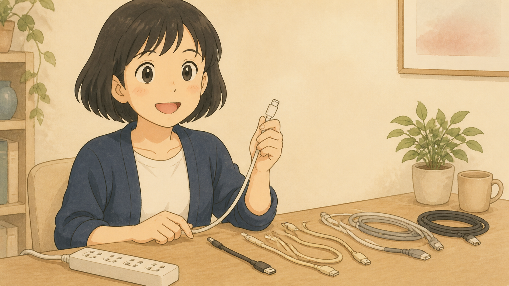 机の電源コードを用途別に分けて安全を確認する女性