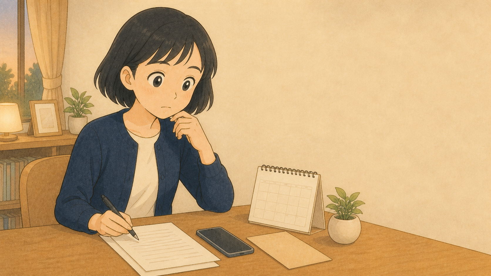 エステの予約記録と契約書類を確認するきいちゃんのイラスト