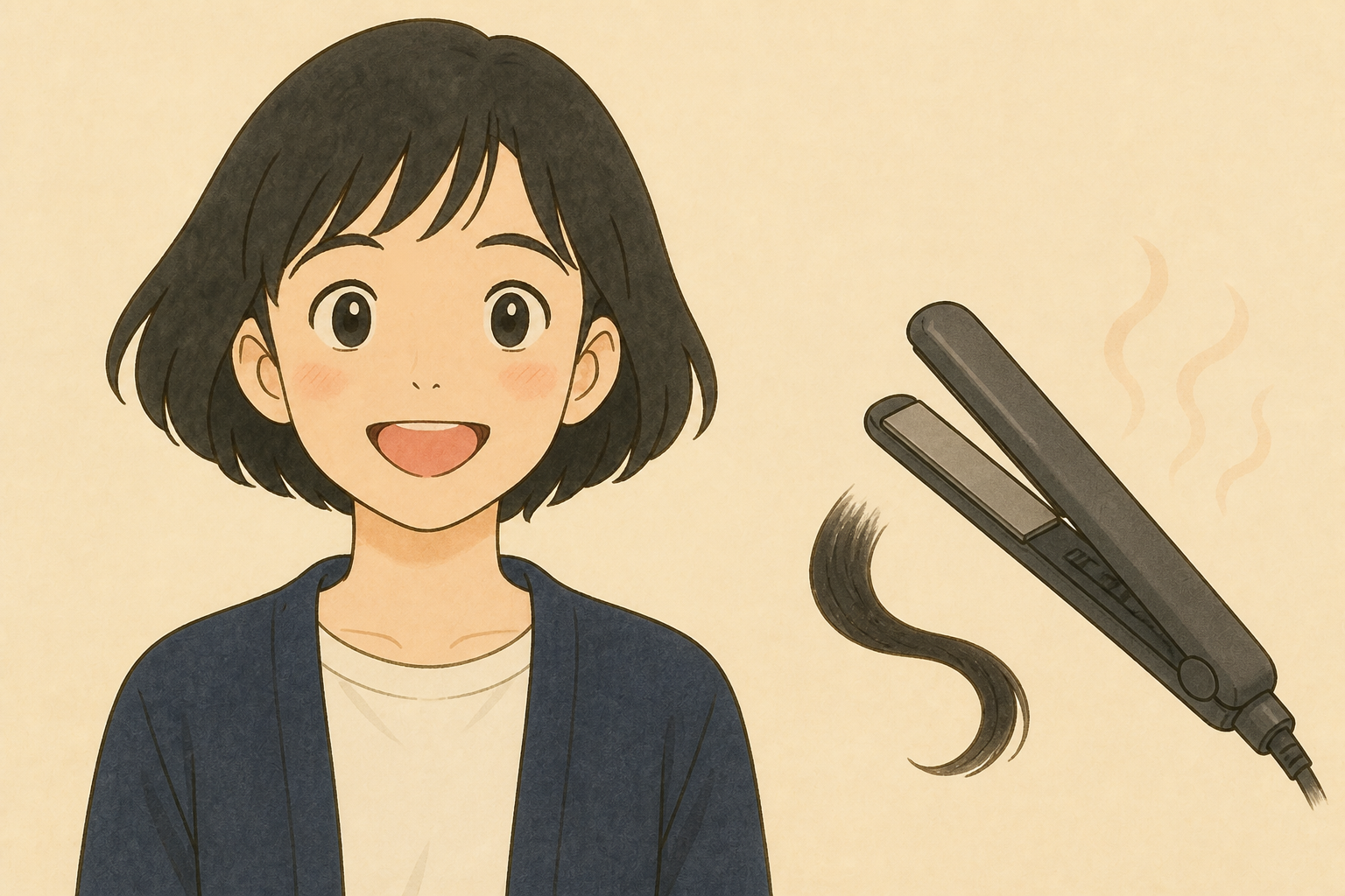 乾いた髪を分けてヘアアイロンの温度を確認する女性