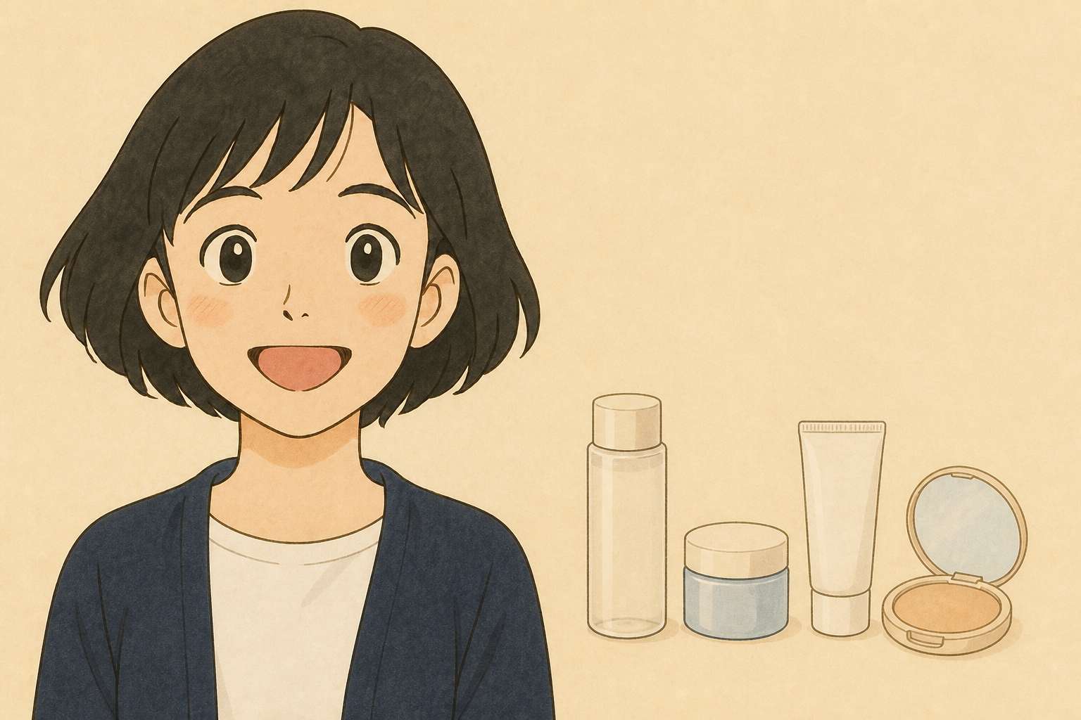 スキンケアと化粧下地の間に日やけ止めを並べる女性