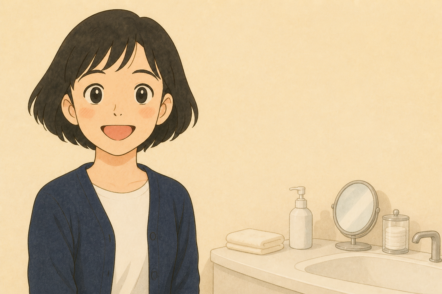洗面台の前で翌朝のケアを考えるきいちゃんのイラスト