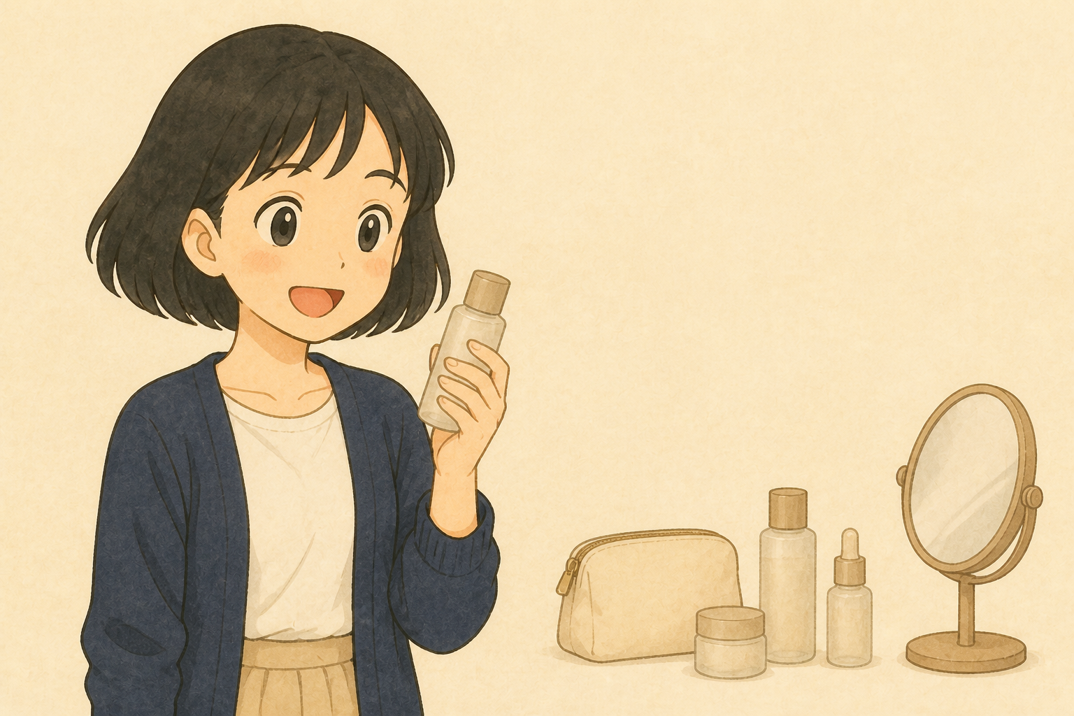 化粧品の口コミとの違いを考えるきいちゃんのイラスト