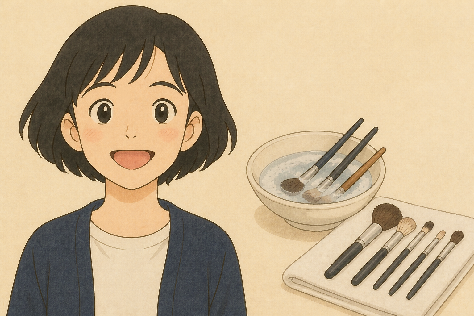 メイクブラシを振り洗いして日陰で横に乾かす手元