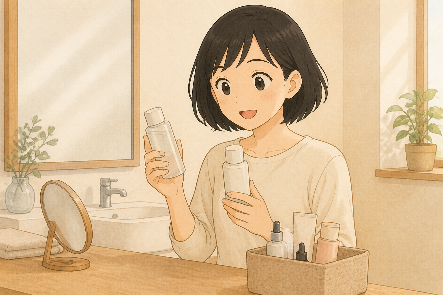 洗面台でスキンケア用品を整理するきいちゃんのイラスト