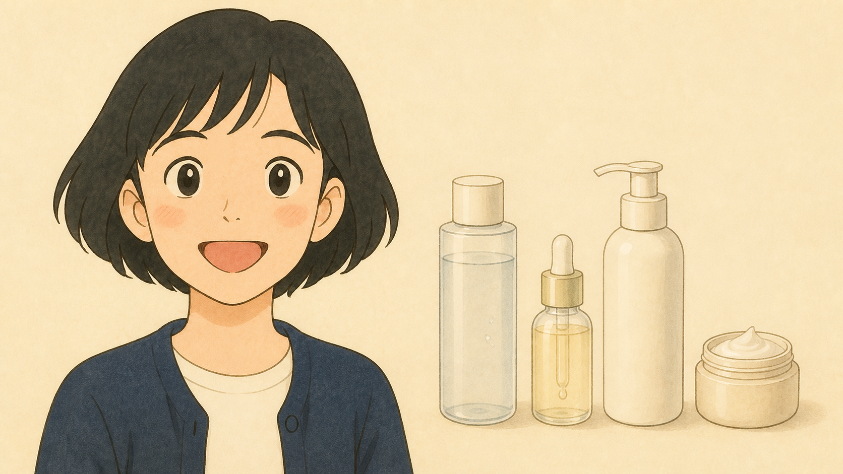 朝用と夜用のスキンケアを使用順に並べる女性