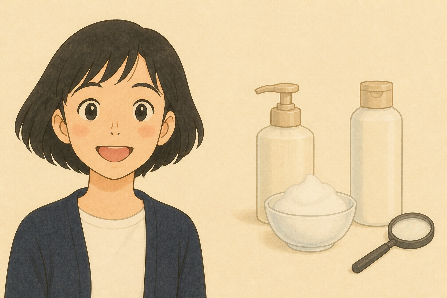 クレンジング容器の使用方法と洗顔の要否を確認する女性