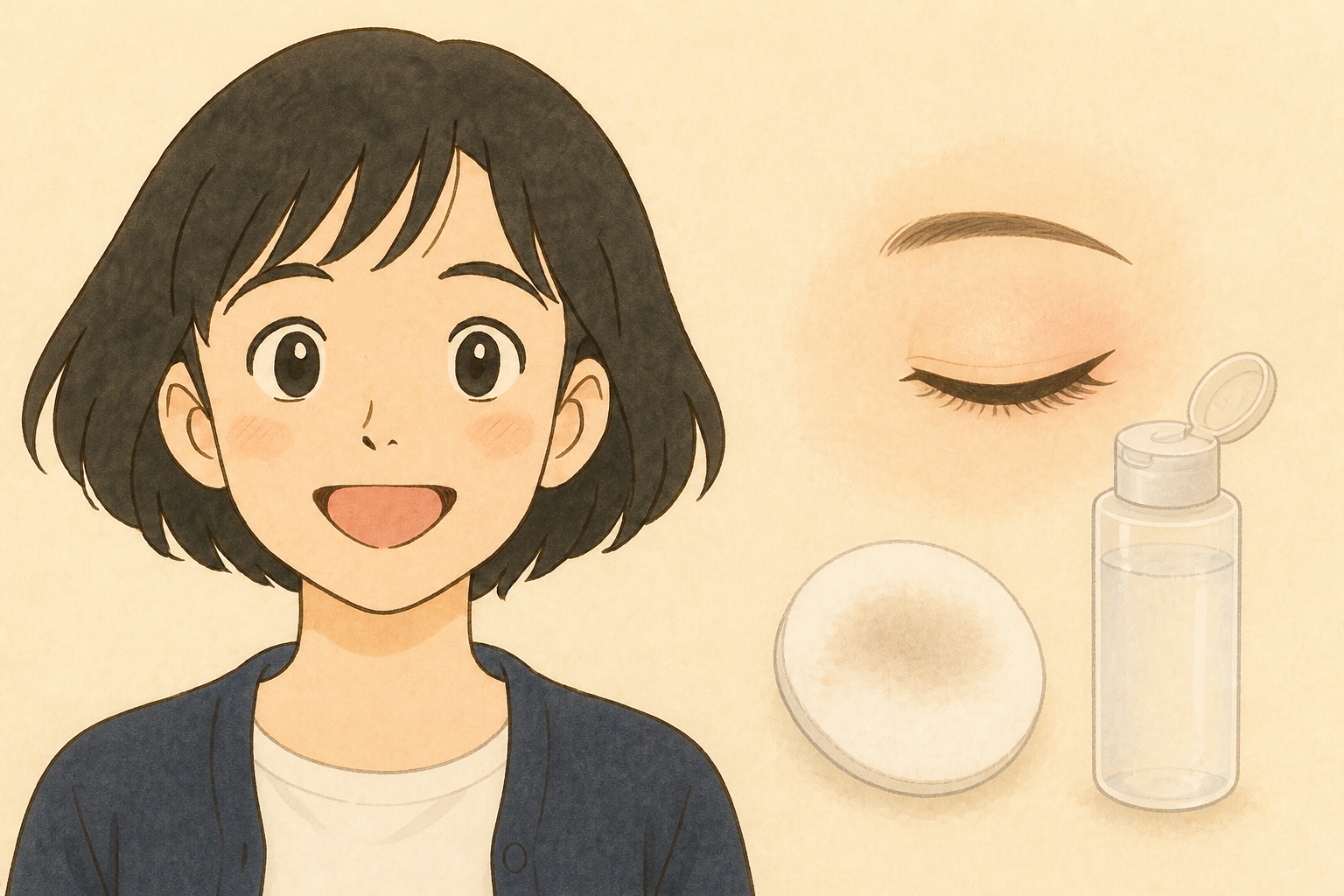 落ちにくいアイメイクとクレンジングの表示を確認する女性