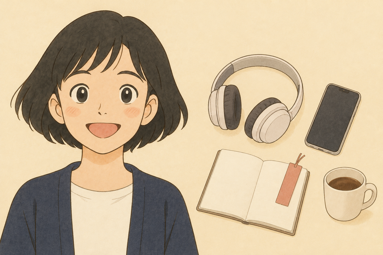 ヘッドホンとスマートフォンとしおり付きノートを前に考える税理士きいちゃん