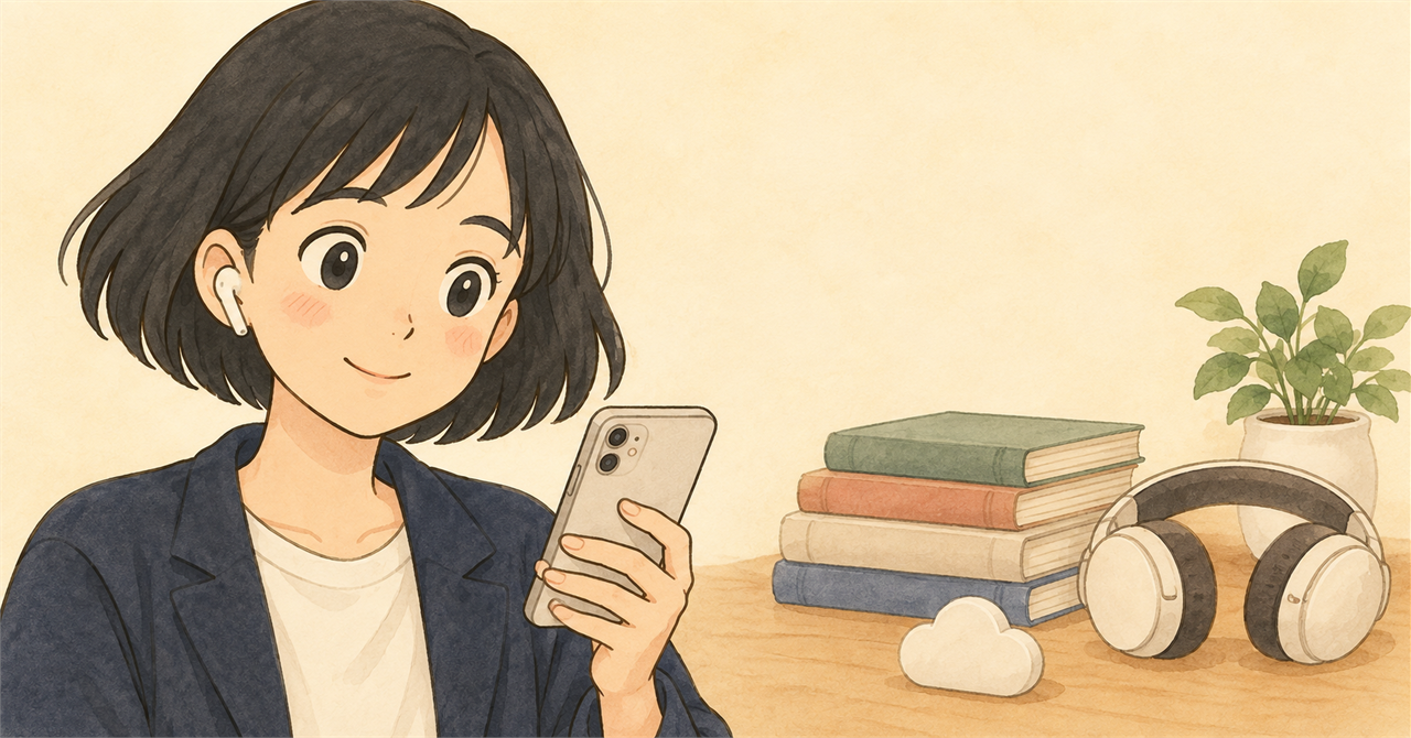 外出前にスマートフォンのAudibleダウンロードと空き容量を確認する税理士きいちゃん