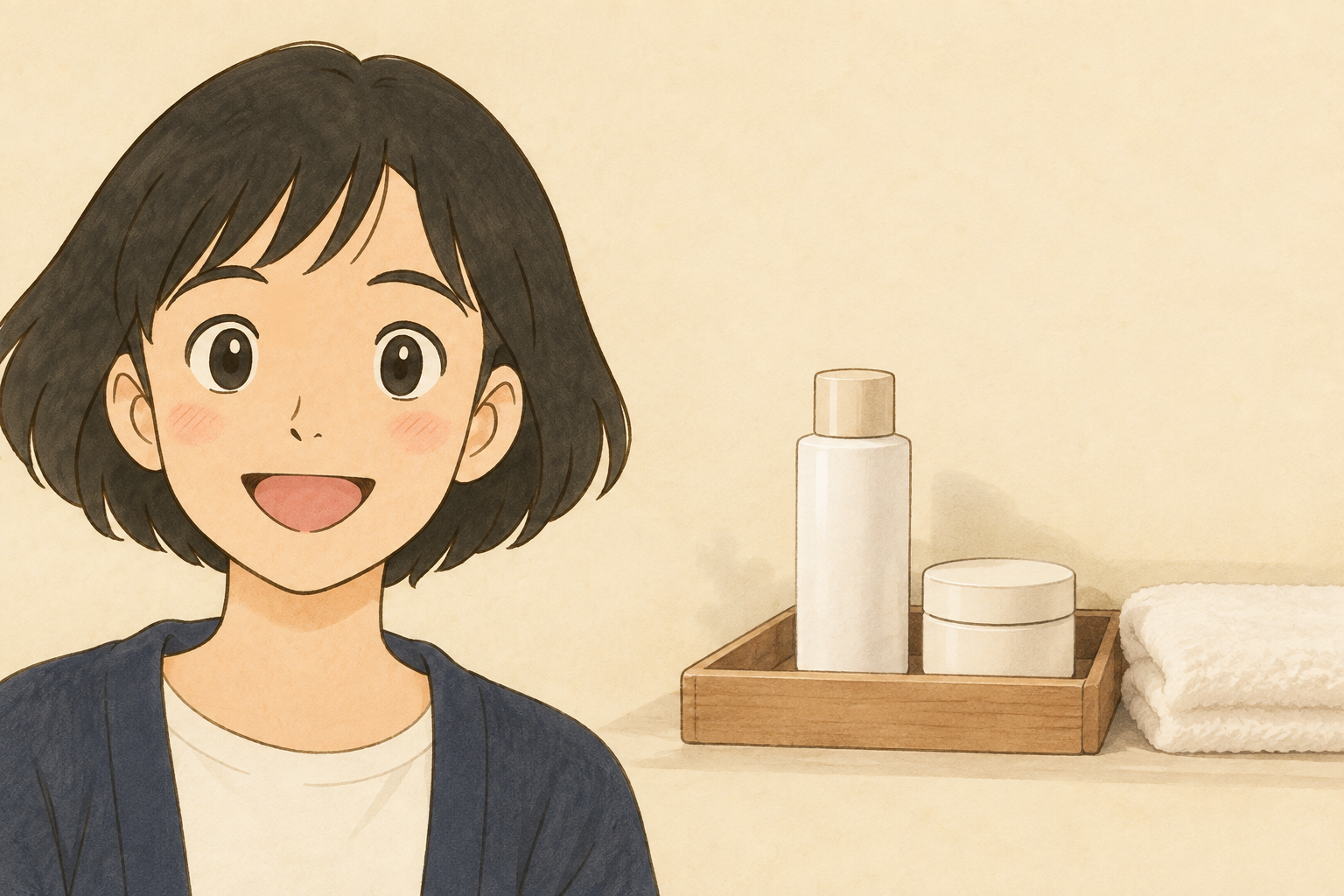 無地の化粧品と収納トレーを前に保管場所を考える税理士きいちゃん