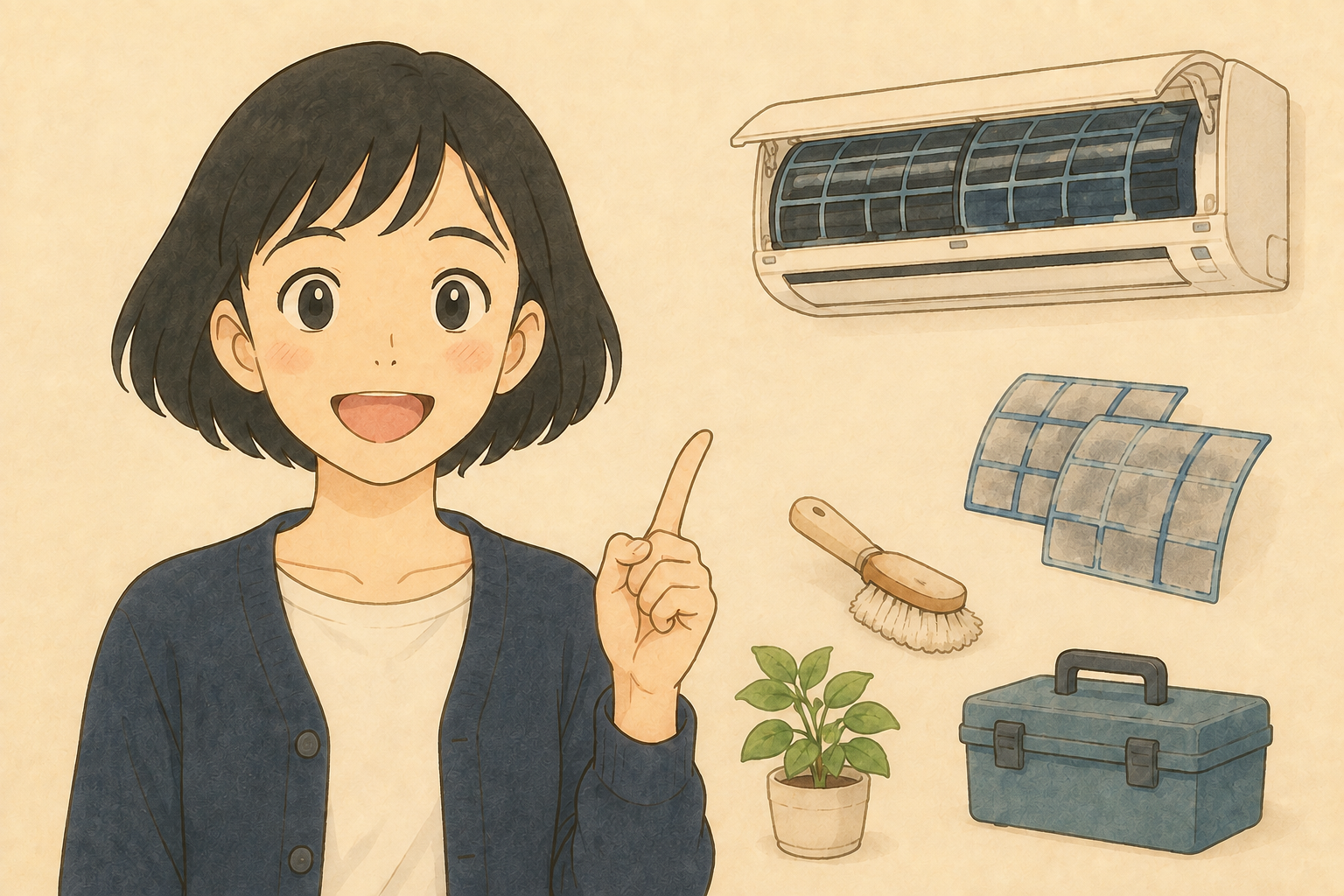 エアコンのフィルターと掃除道具を確認する税理士きいちゃんのイラスト