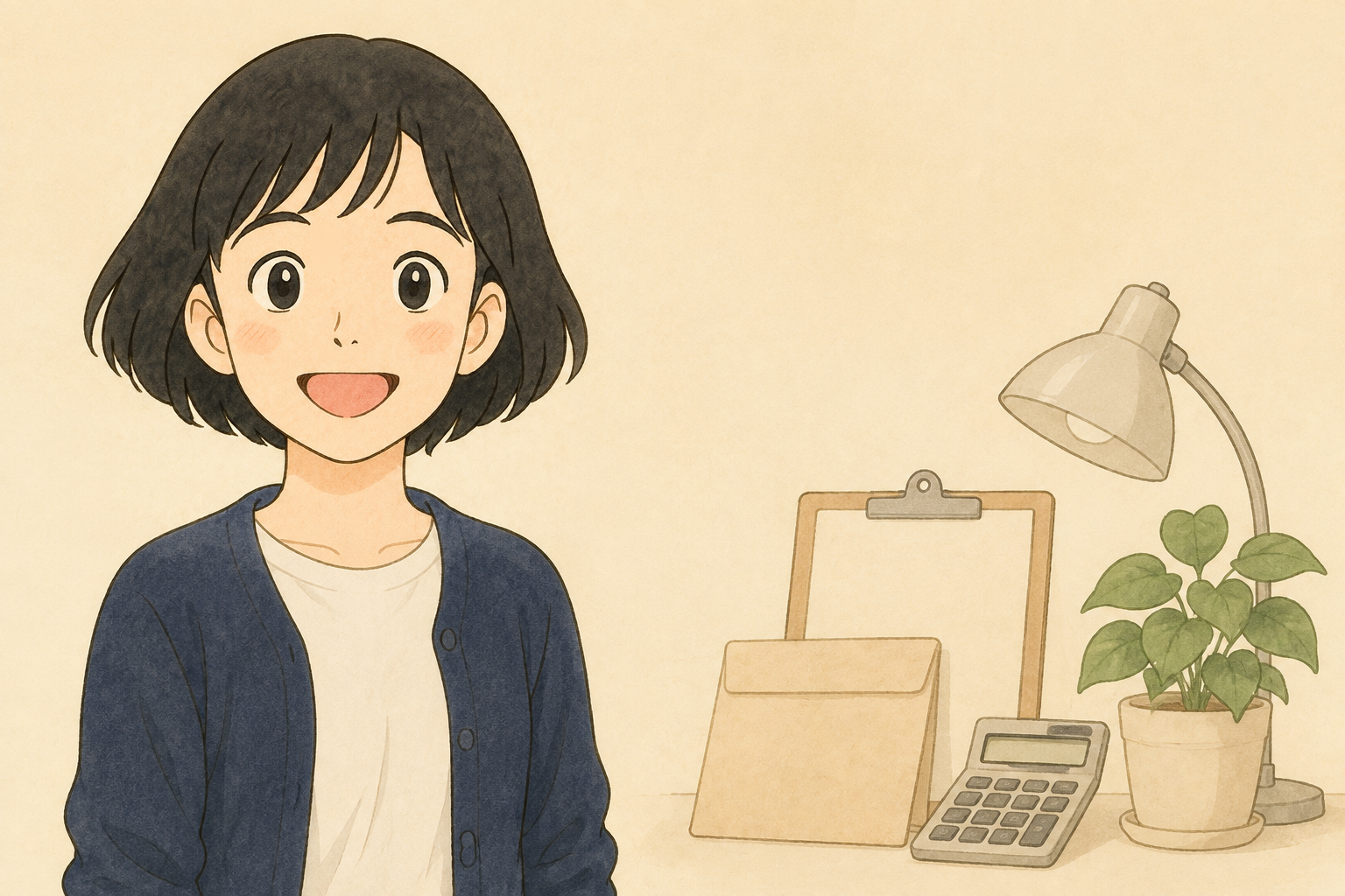 電気料金の封筒と電卓を確認する税理士きいちゃんのイラスト