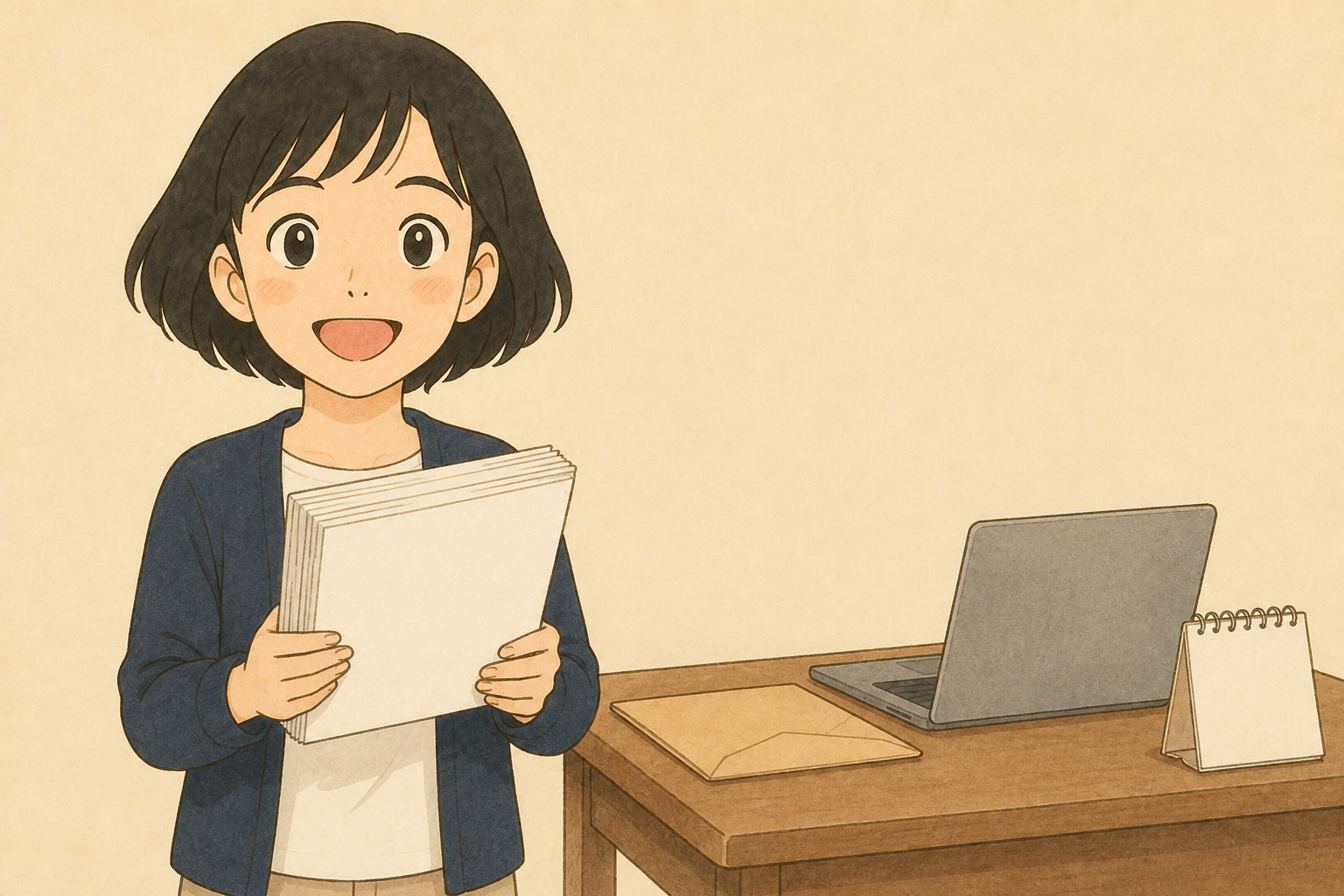 書類を手にインボイス経過措置の8割・7割・5割を確認する税理士きいちゃん