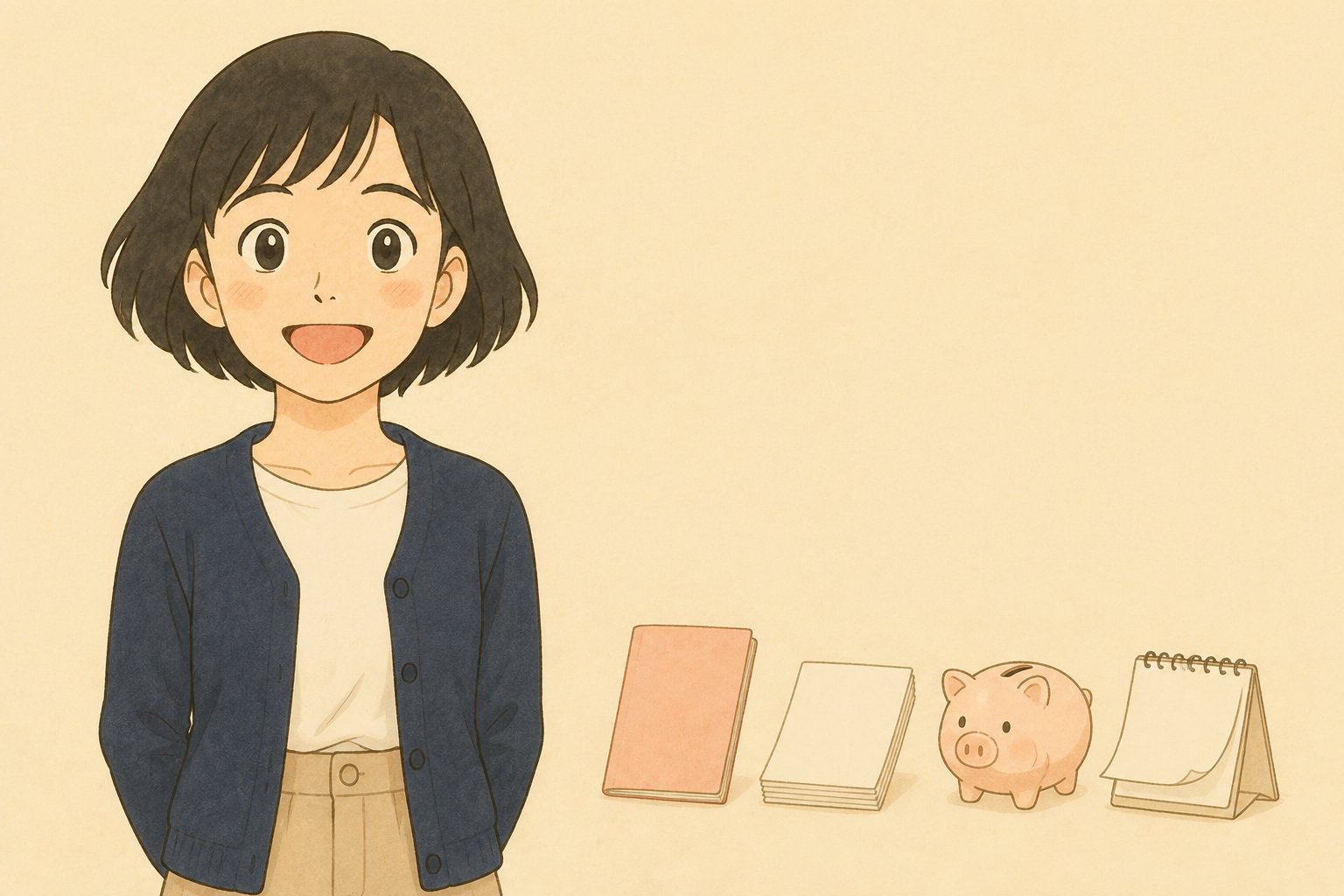 通帳と貯金箱とカレンダーで国民年金の前納を確認する税理士きいちゃん