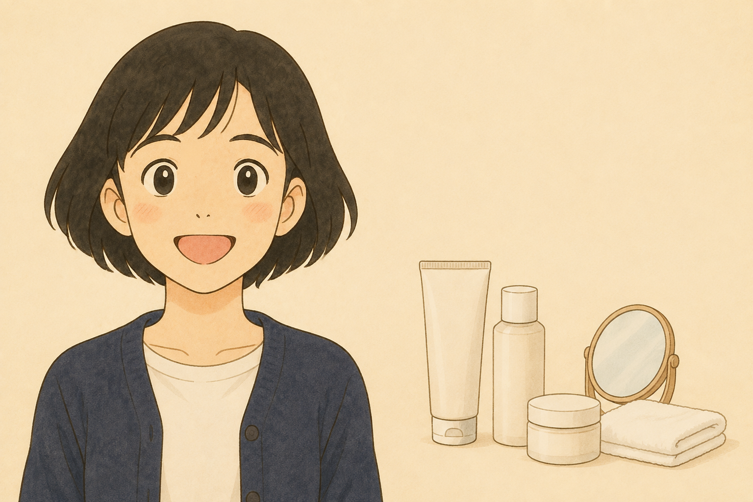 洗顔料と化粧水と保湿容器を案内する税理士きいちゃんのイラスト