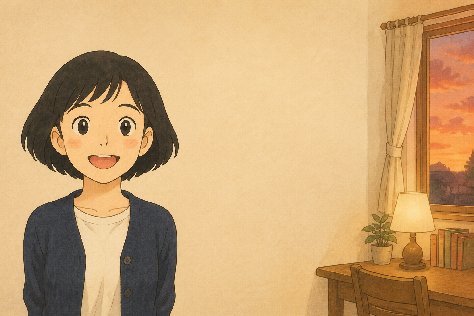 夕焼けの窓と照明のある部屋で明かりの切り替えを案内する税理士きいちゃん