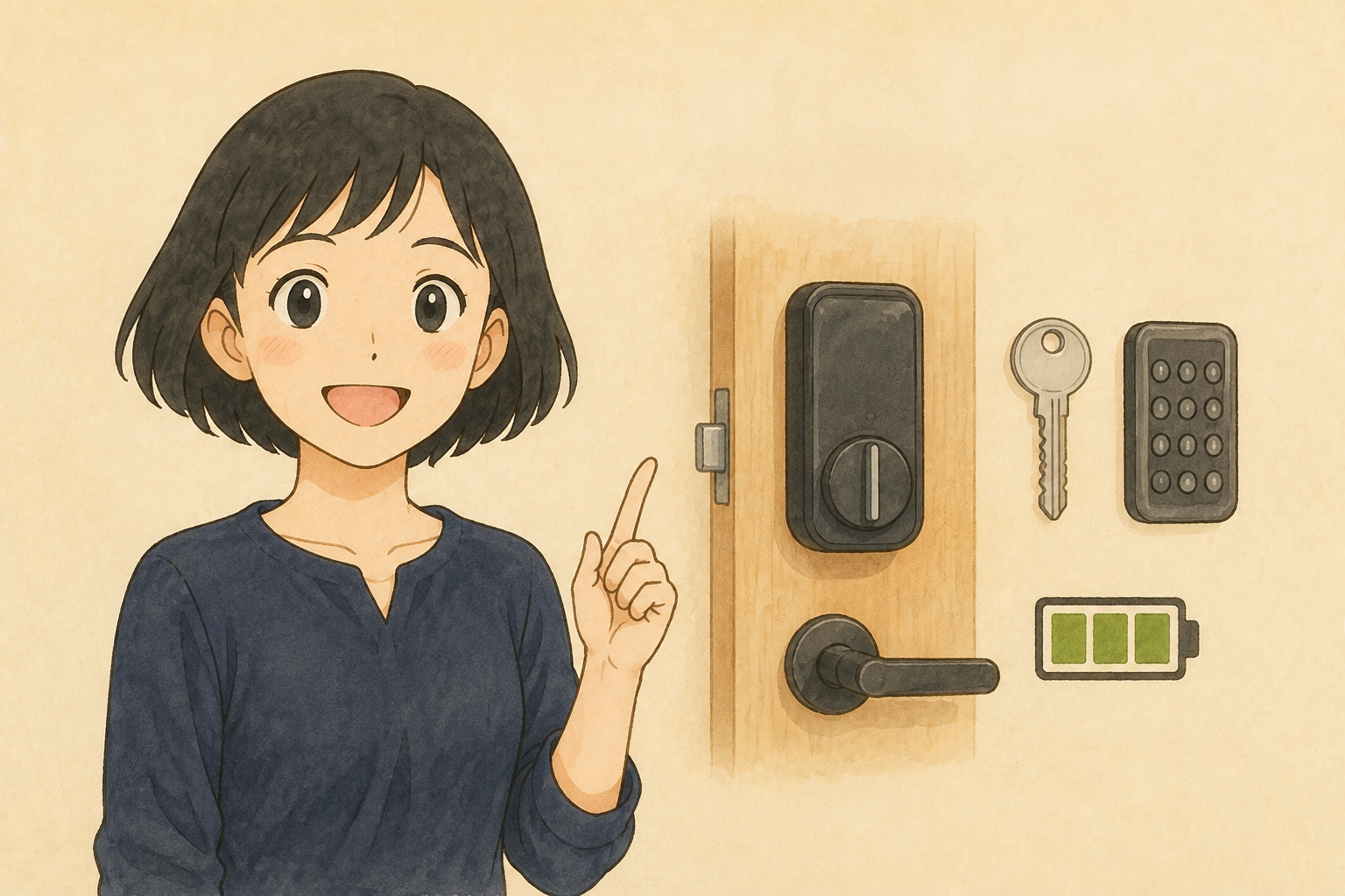スマートロックの解錠手段と電池を確認する税理士きいちゃんのイラスト