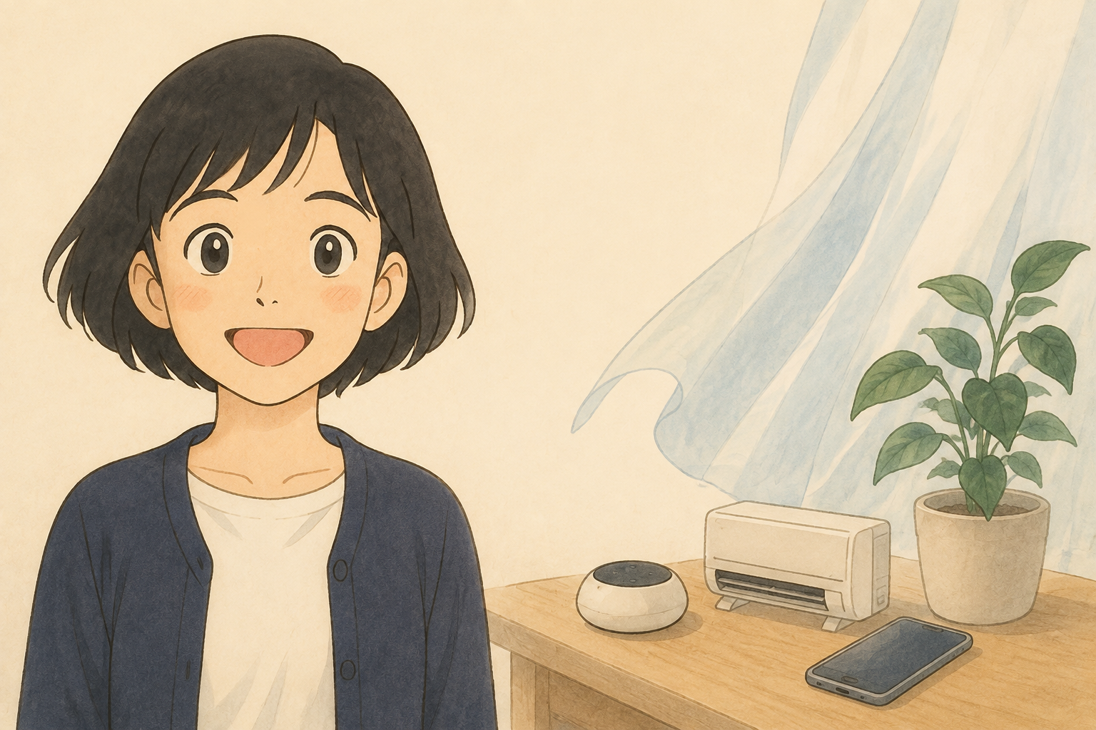 スマートリモコンとエアコンを案内する税理士きいちゃんのイラスト