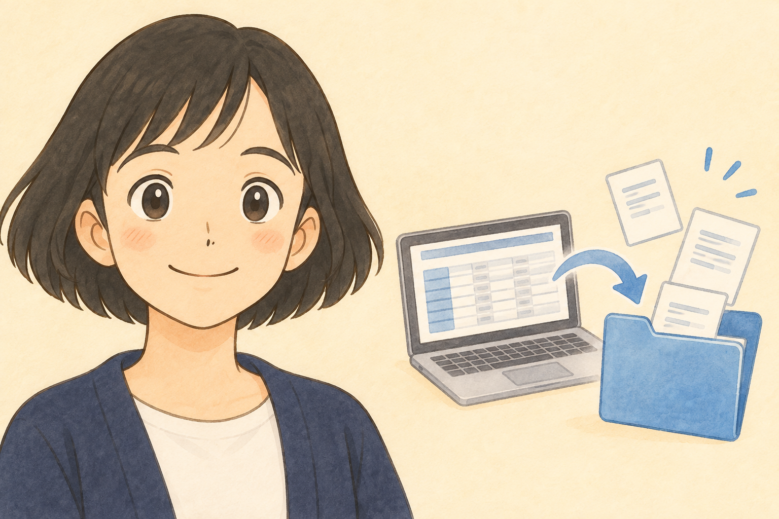 会計データの書き出しを考えるきいちゃんとパソコン・フォルダ