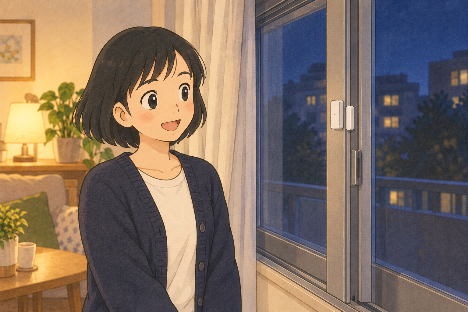 窓枠に置く開閉センサーを確認する税理士きいちゃん