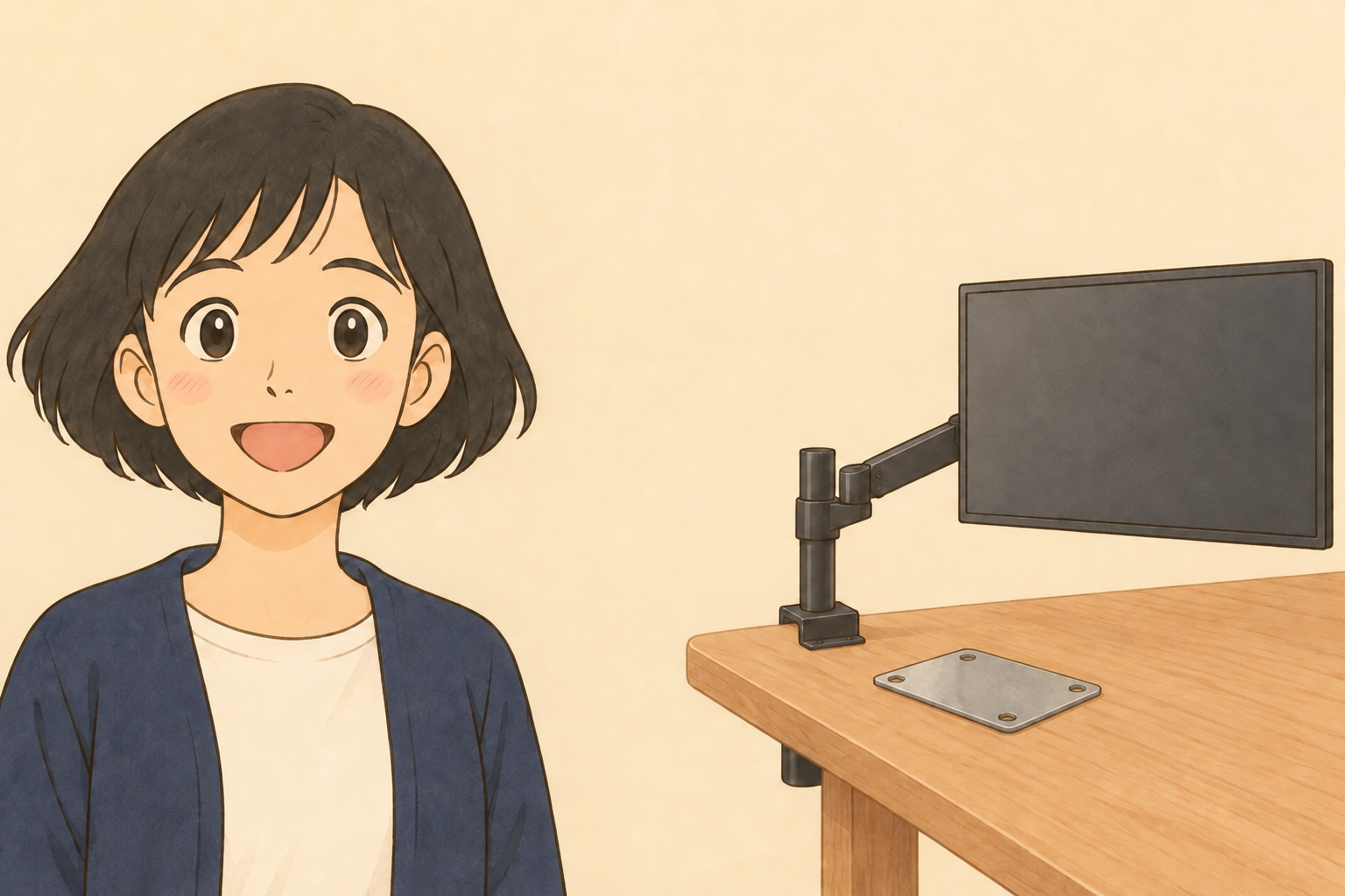 木製机とモニターアームの取り付け条件を考える税理士きいちゃんのイメージ