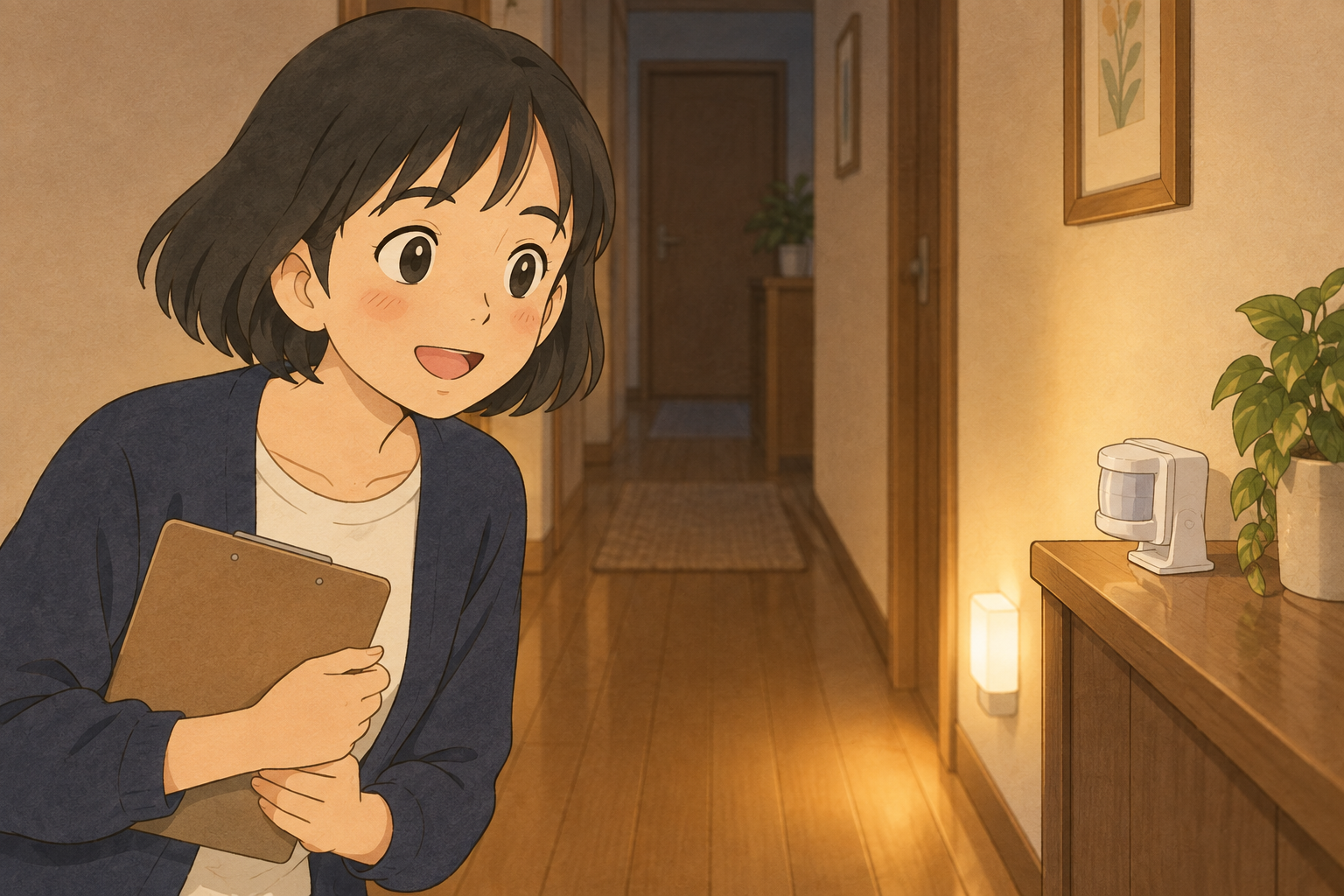 夜の廊下で人感センサーと足元灯の位置を確認する税理士きいちゃん