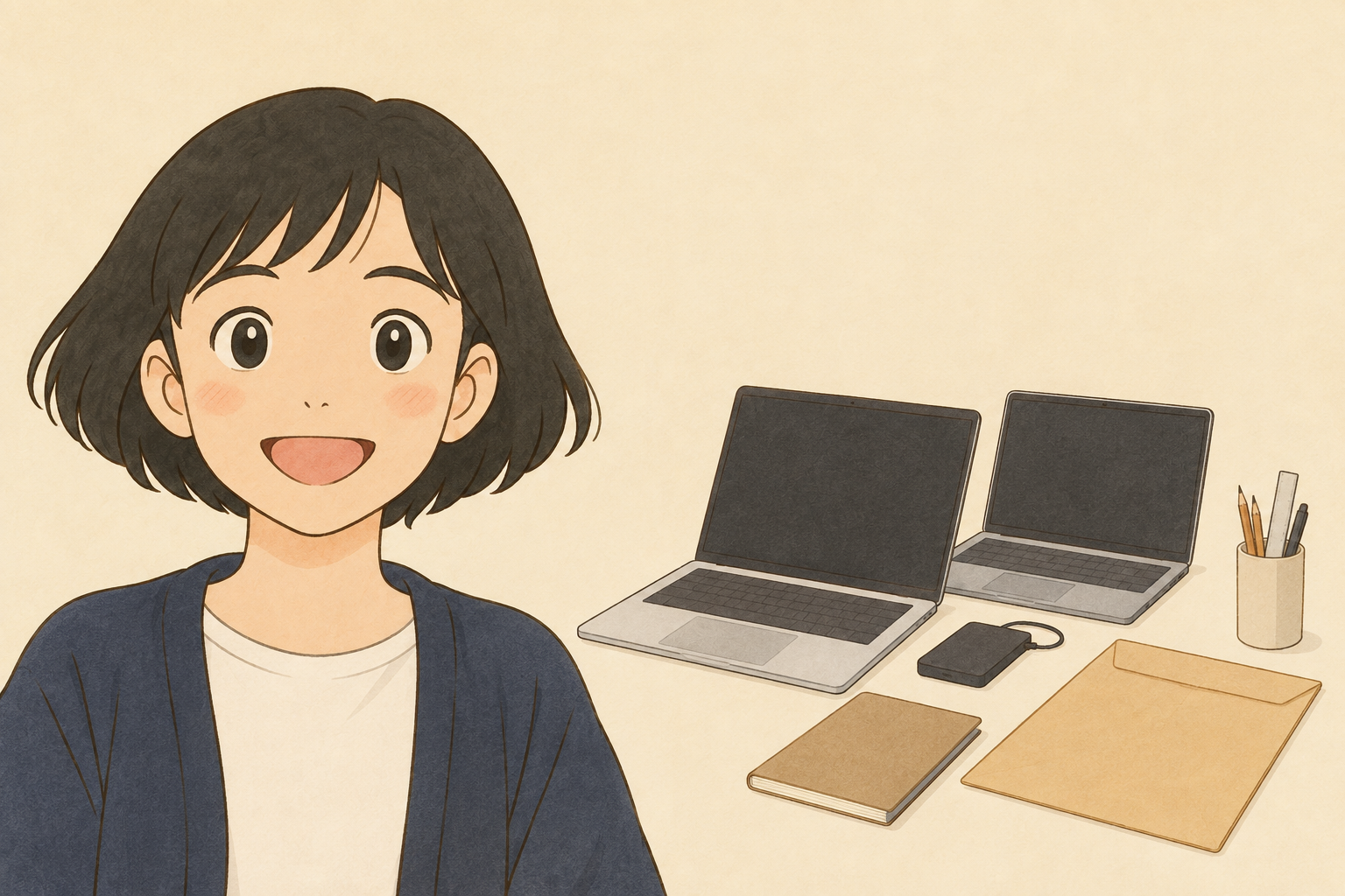 新旧のパソコンと外付け保存装置を前に仕事の再開手順を考える税理士きいちゃん