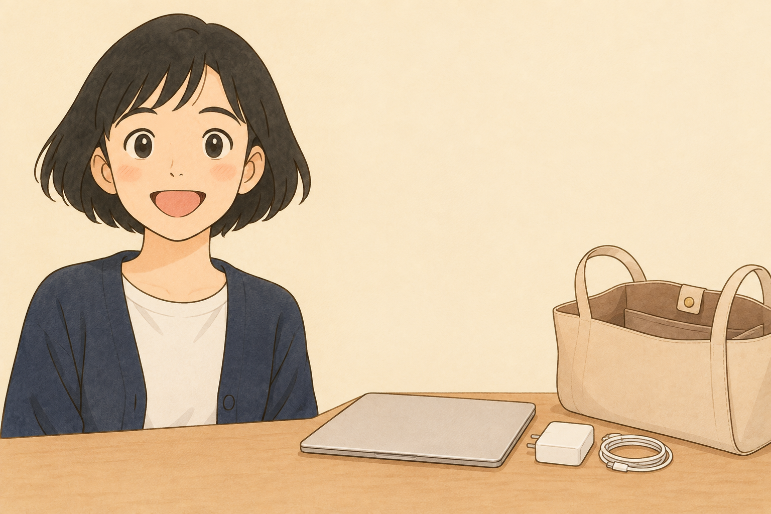ノートパソコンと充電器と仕事バッグを並べて考える税理士きいちゃん