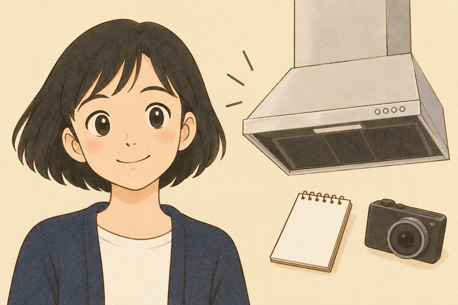 レンジフードとカメラと依頼メモを前に考える税理士きいちゃん