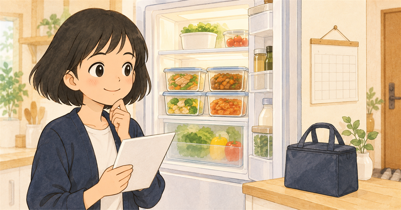 冷蔵庫の空きと家族の夕食予定を確認する税理士きいちゃん
