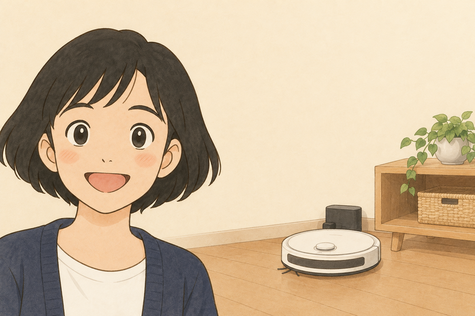 ロボット掃除機と片づいた床を前に導入準備を考える税理士きいちゃん