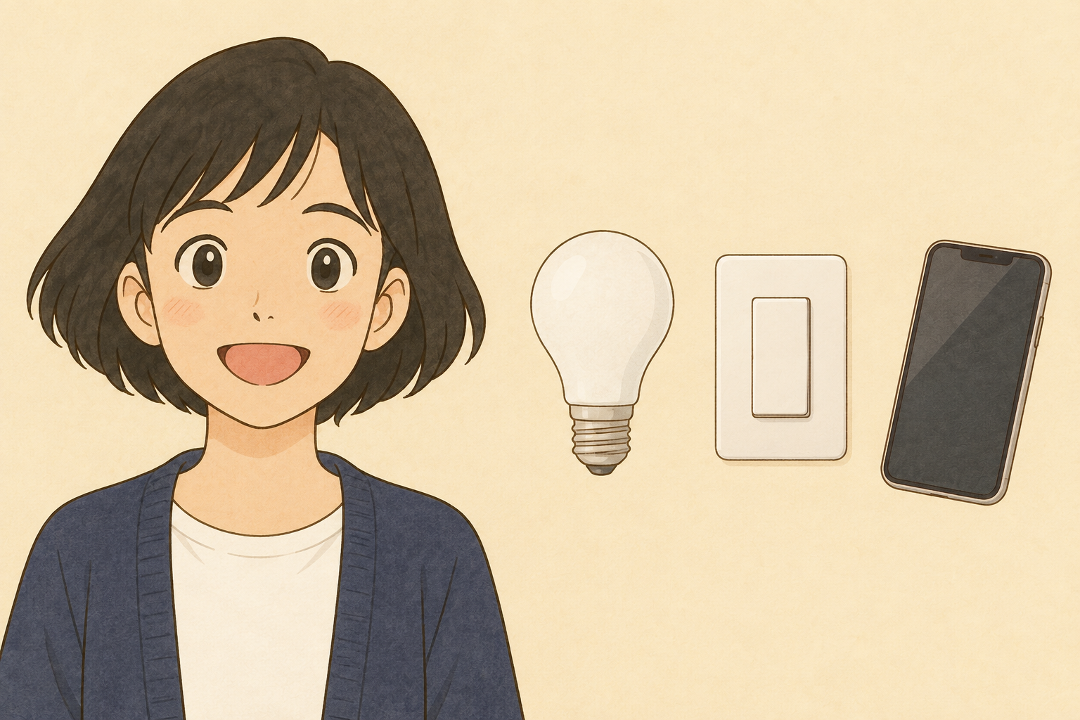 電球と壁スイッチとスマートフォンを前に考える税理士きいちゃん