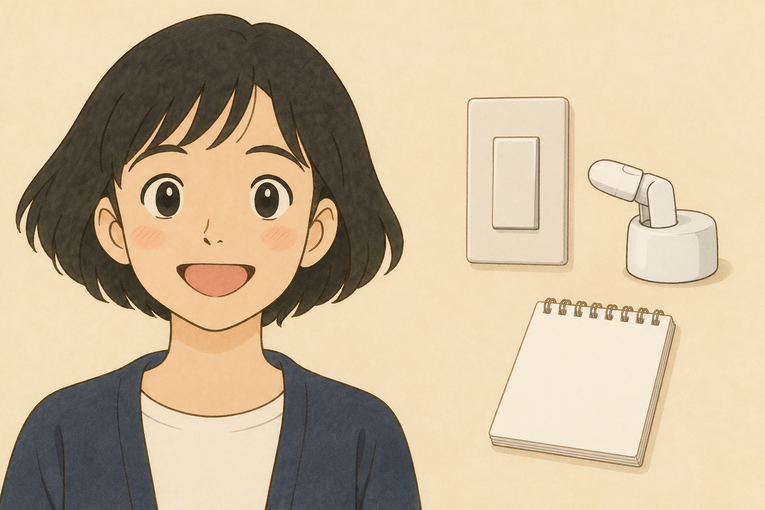 壁スイッチの見本と小さな指ロボットを前に考える税理士きいちゃん