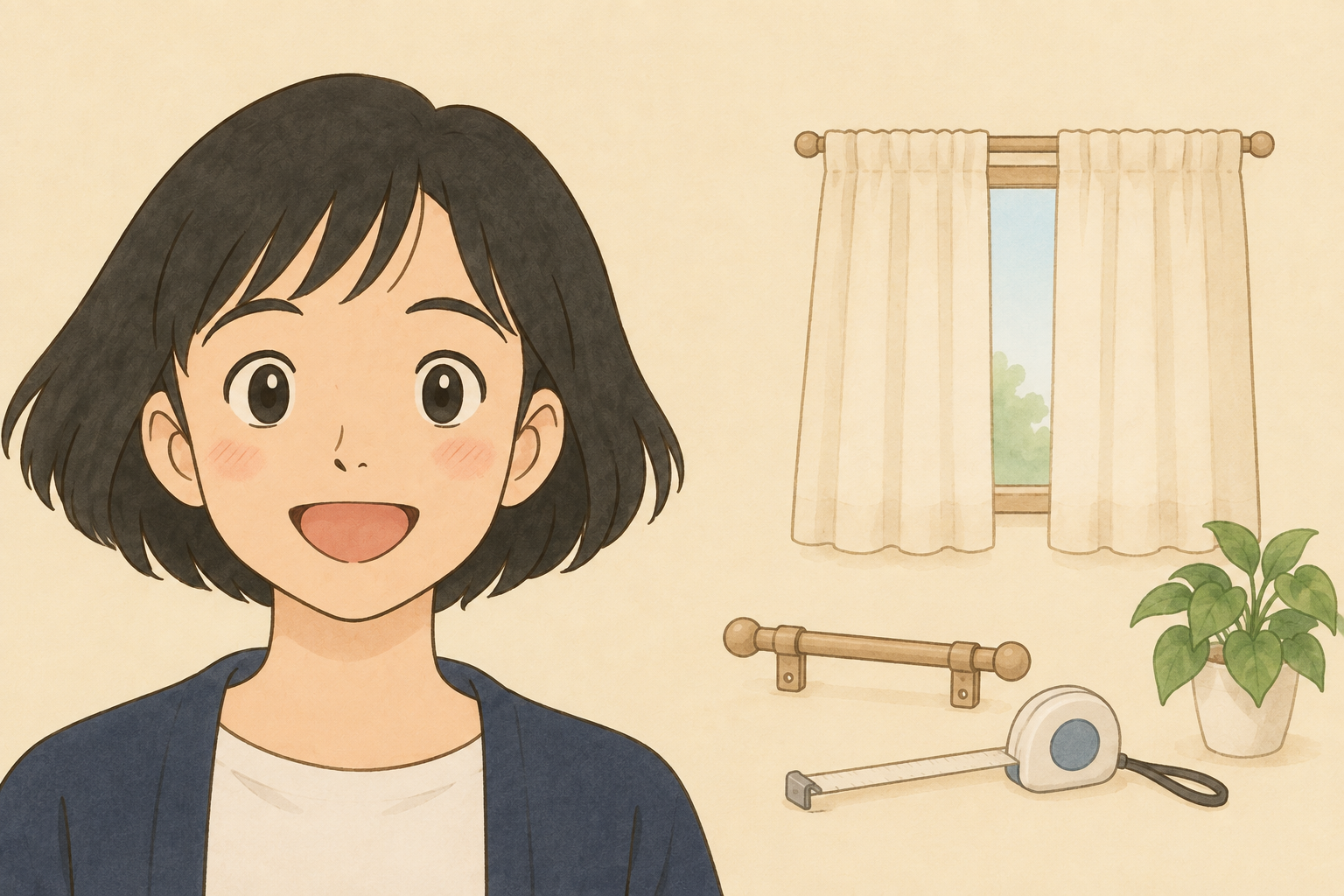 カーテンとレールの見本を前に取り付け条件を考える税理士きいちゃん