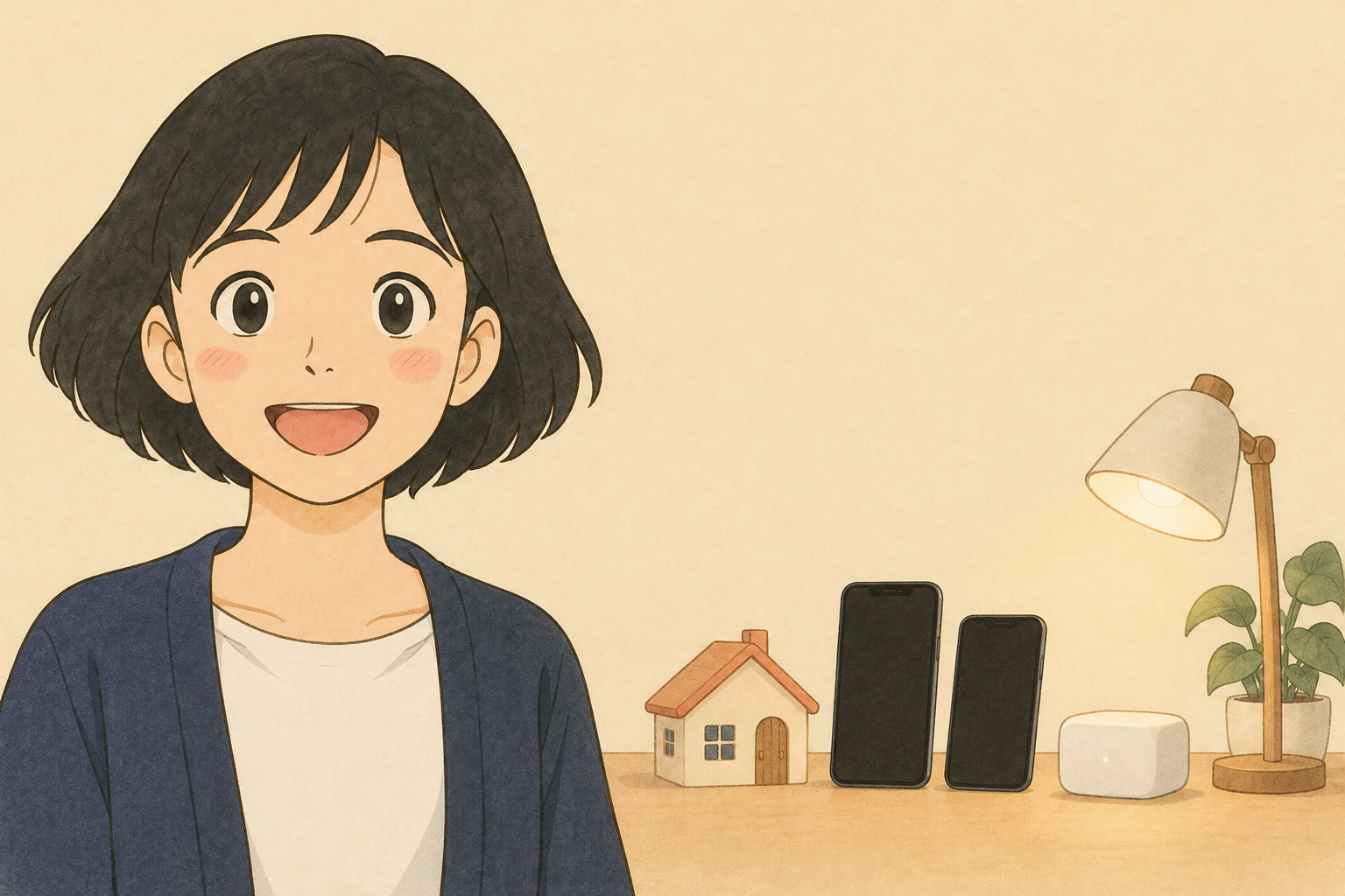 スマートフォン2台と家の模型を前に家族で使う家電の共有範囲を考える税理士きいちゃん