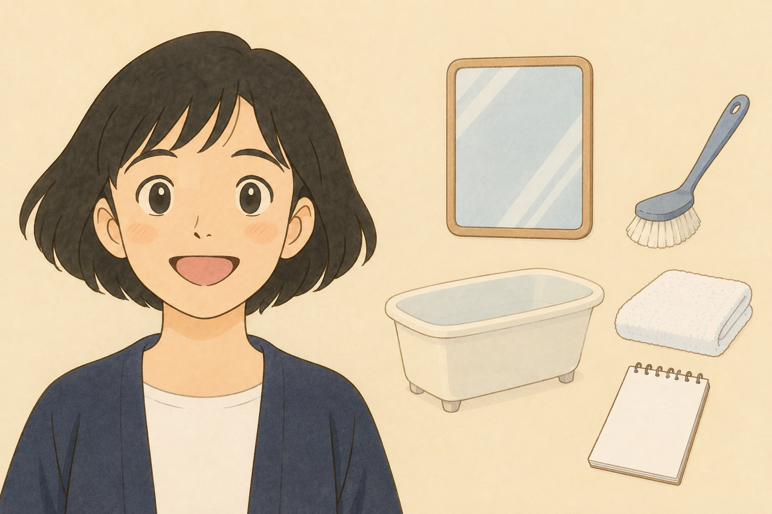 浴槽と鏡と掃除ブラシと依頼メモを前にした税理士きいちゃん