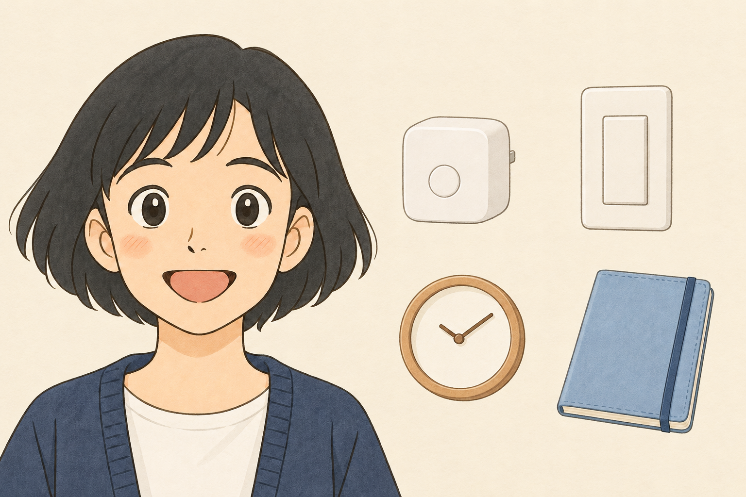予定帳と小型スイッチ機器を見ながら生活の予定を考えるきいちゃん